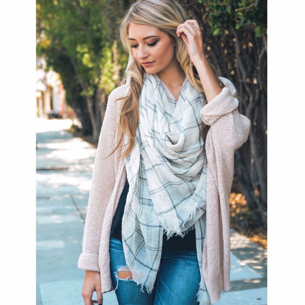 White Faded Plaid Frayed Edge Scarf